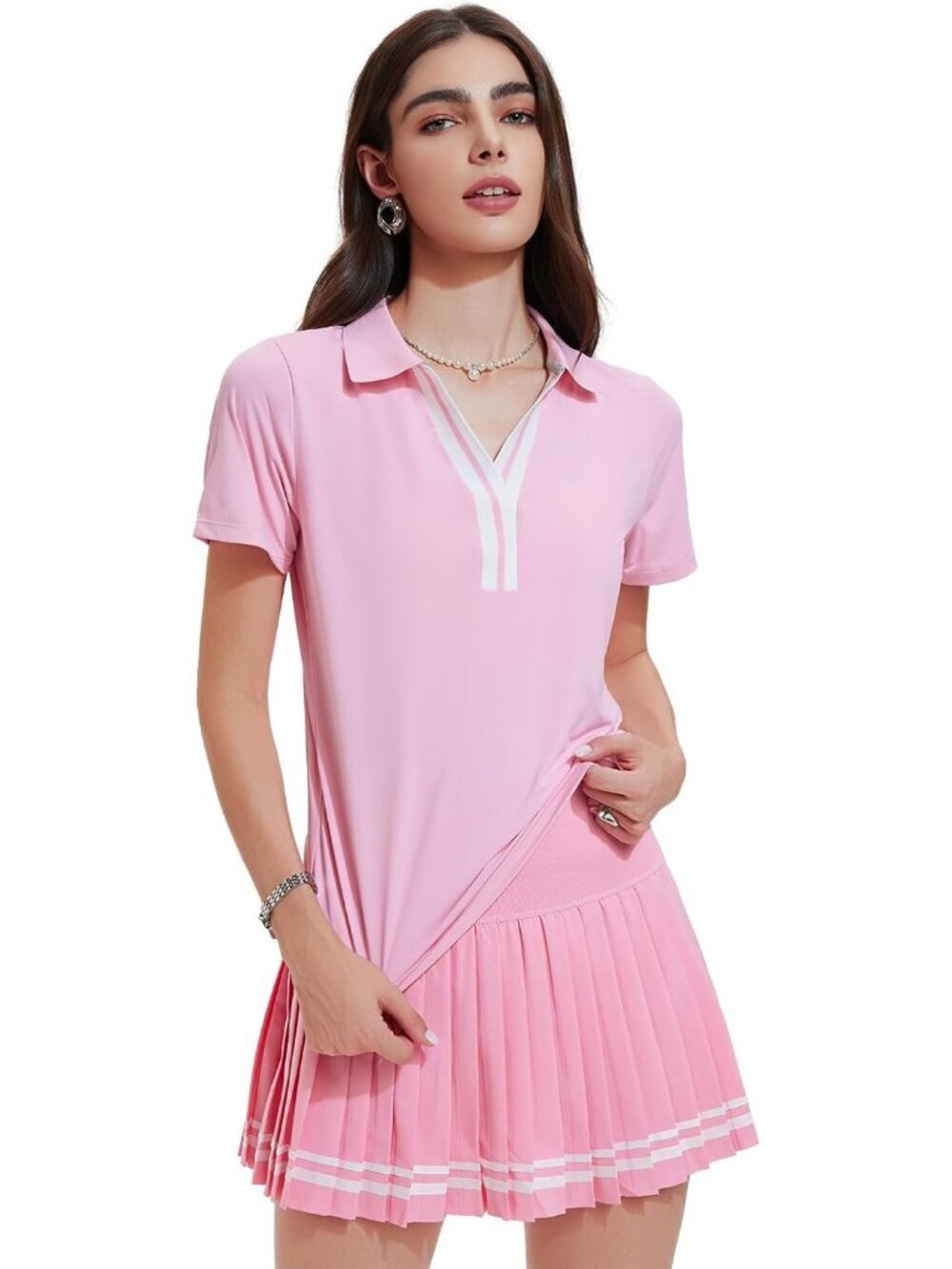 〽️Women Light Pink 2 Piece Racer Back Tennis Skirts Tank Top Pull On Golf Dress
